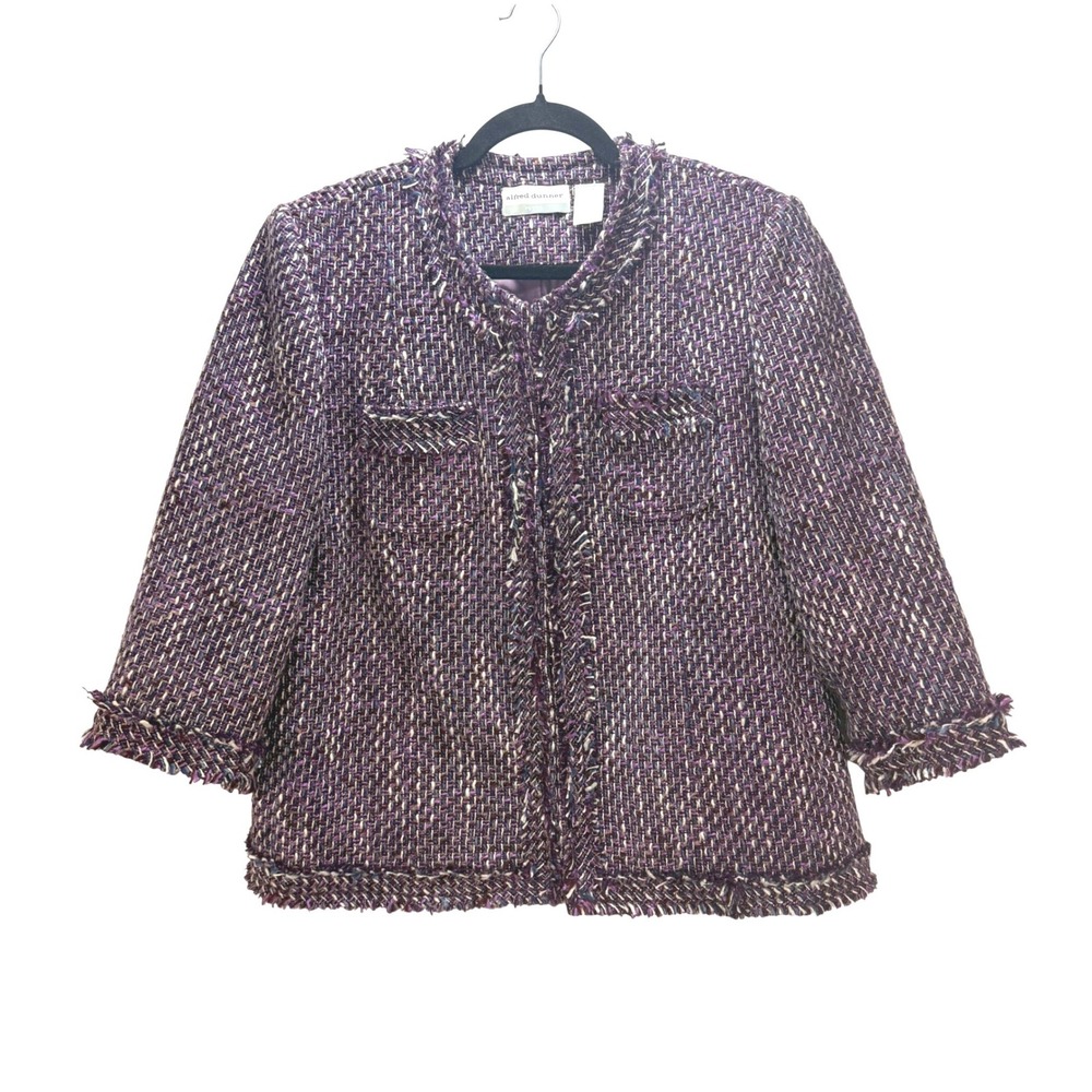 Alfred Dunner 16P Purple Lined Blazer Jacket Tweed Multi Color Fringe, Workwear